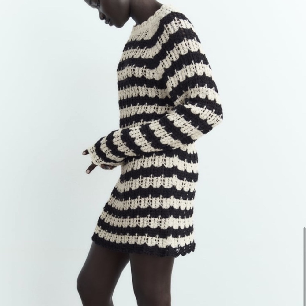 ZARA CROCHET STRIPED POINTELLE KNIT SWEATER DRESS Size Medium Mini dress